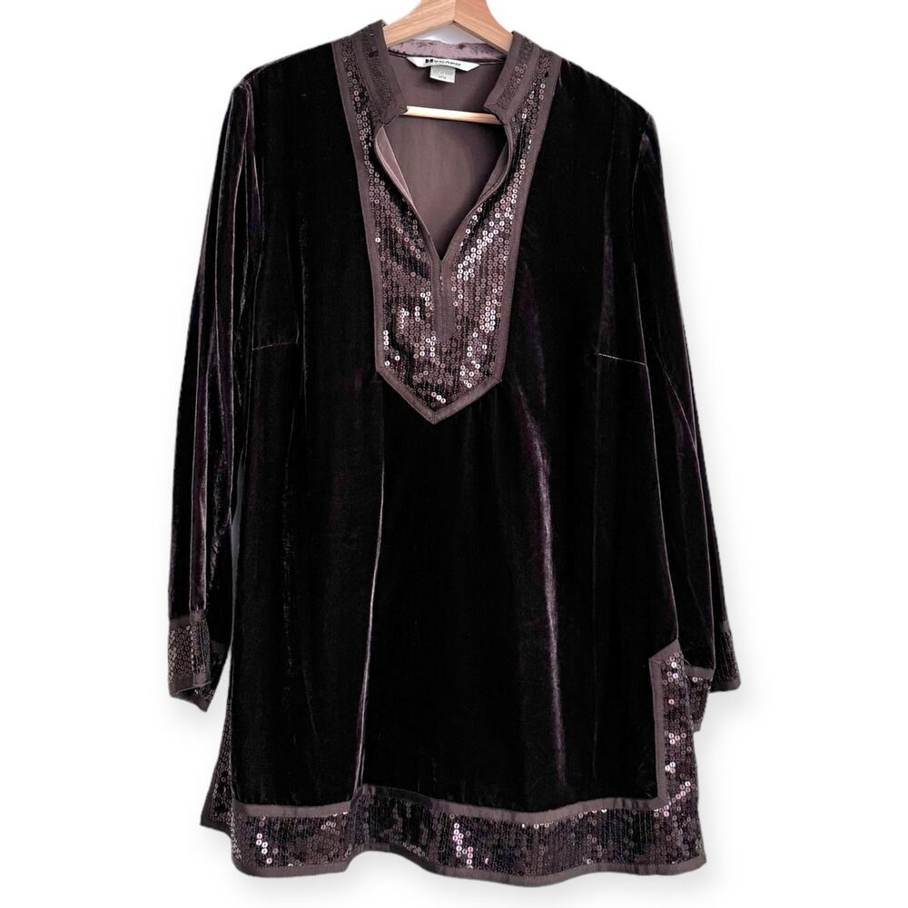 Nygard Collection Brown Velvet Velour Split Collar Sequin Trim Tunic Womens 14